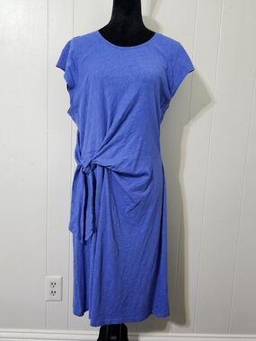 Talbots XL Blue Dress NWT Tie Waist Midi Cotton Casual Short Sleeve Flaw